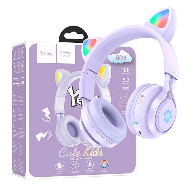 Slušalice bežične sa mikrofonom, Bluetooth, mačje uši W39 Cat ear, Purple