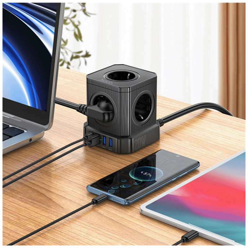 Produžni kabl, 5 utičnica, 3 x USB, 1 x USB C PD20W, 2 metra